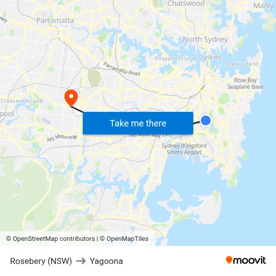 Rosebery (NSW) to Yagoona map