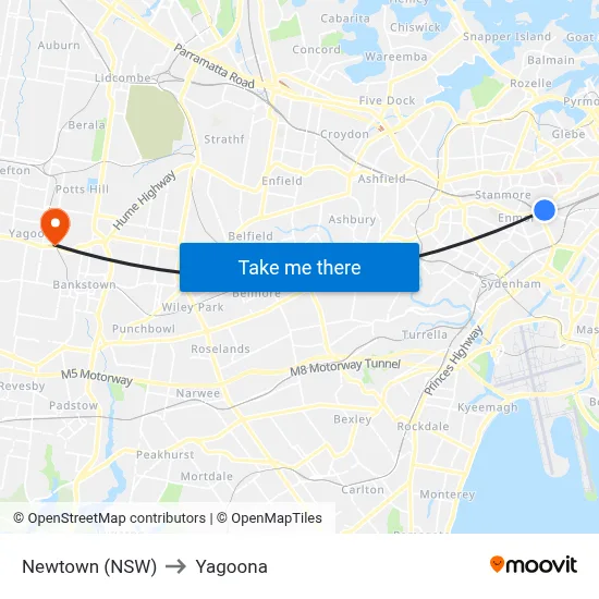 Newtown (NSW) to Yagoona map