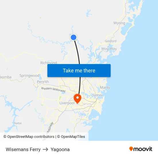 Wisemans Ferry to Yagoona map