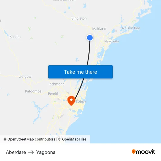 Aberdare to Yagoona map