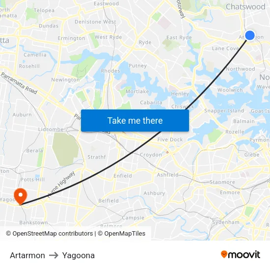 Artarmon to Yagoona map