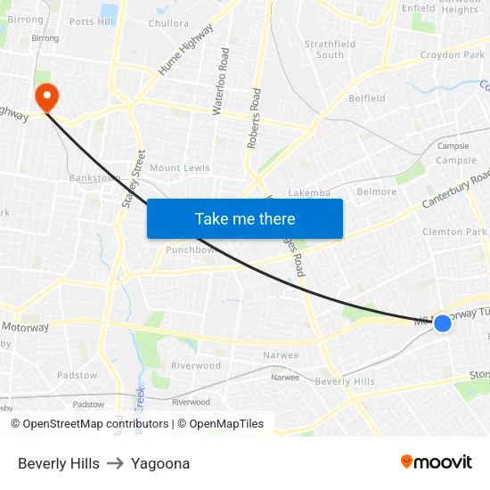 Beverly Hills to Yagoona map