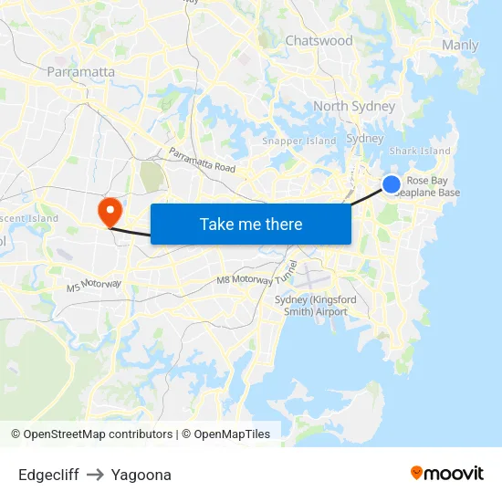 Edgecliff to Yagoona map