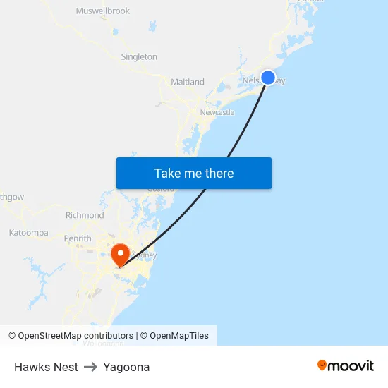 Hawks Nest to Yagoona map