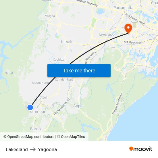 Lakesland to Yagoona map