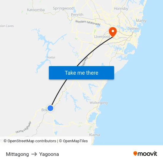 Mittagong to Yagoona map