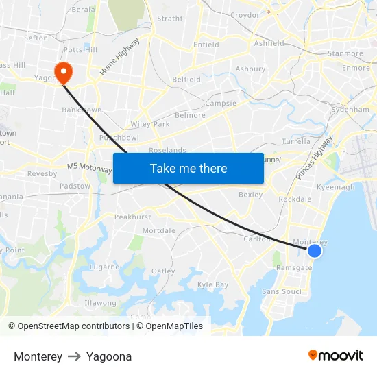 Monterey to Yagoona map