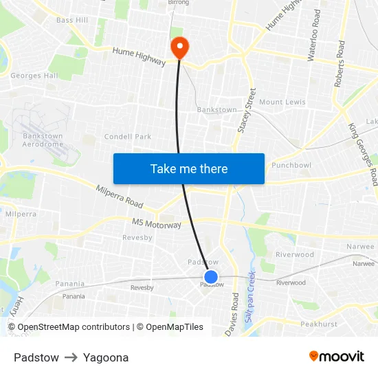 Padstow to Yagoona map