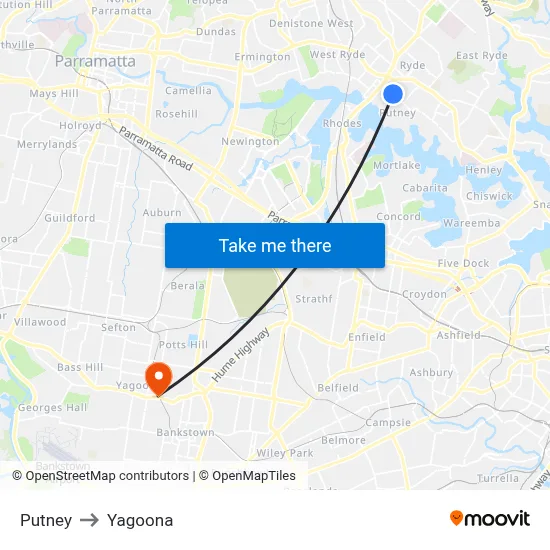 Putney to Yagoona map