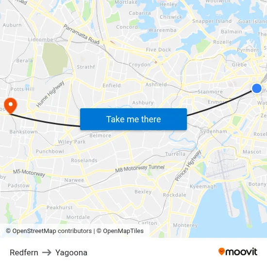 Redfern to Yagoona map