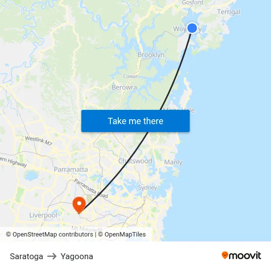 Saratoga to Yagoona map