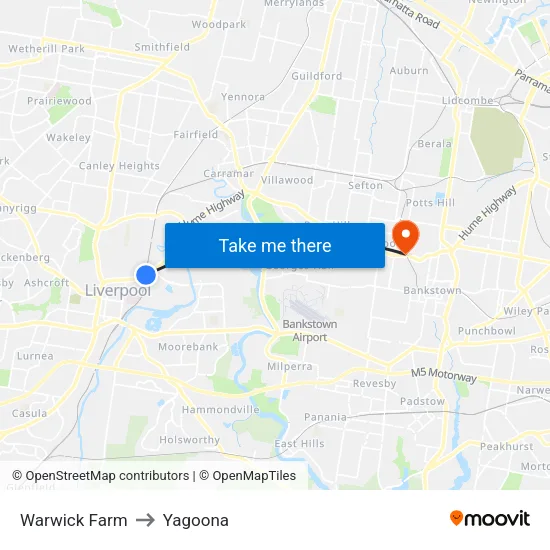 Warwick Farm to Yagoona map