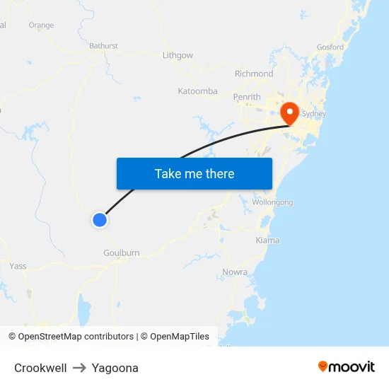 Crookwell to Yagoona map