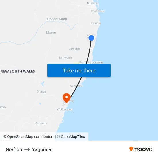 Grafton to Yagoona map