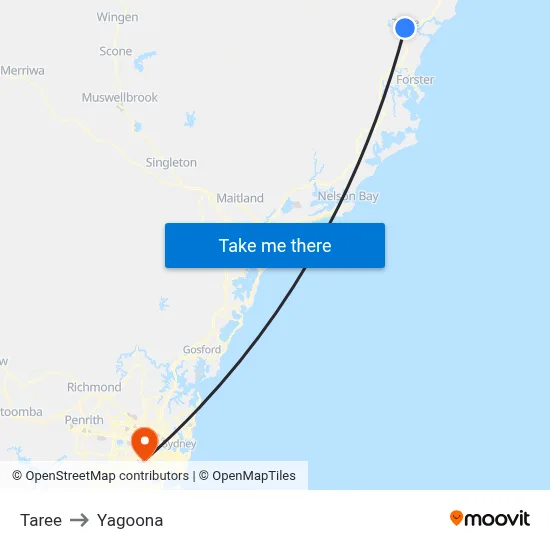 Taree to Yagoona map