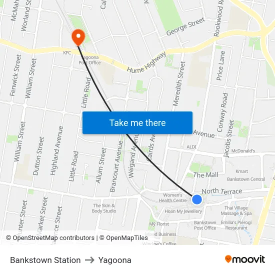 Bankstown Station to Yagoona map