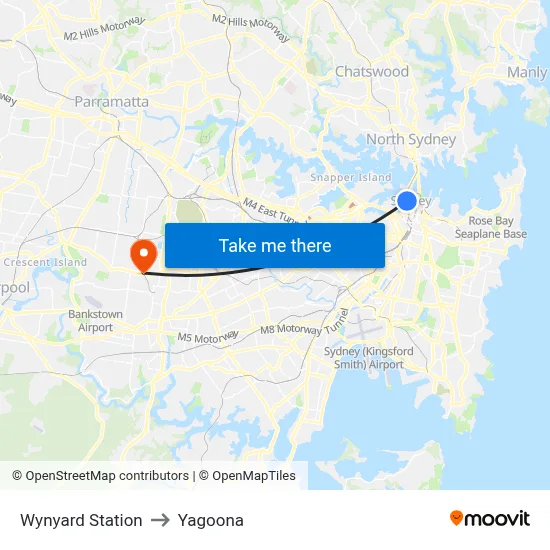 Wynyard Station to Yagoona map