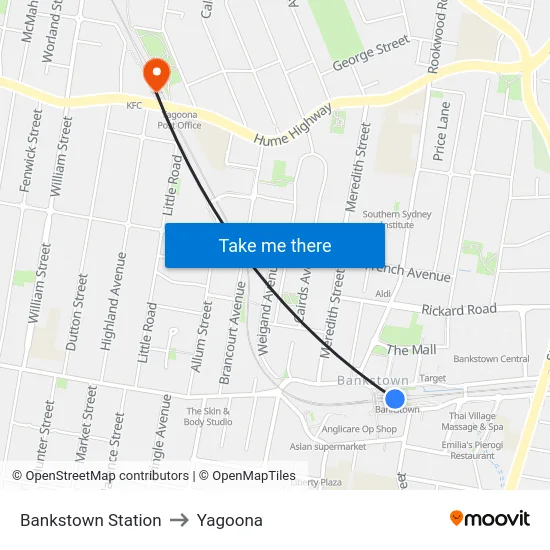 Bankstown Station to Yagoona map