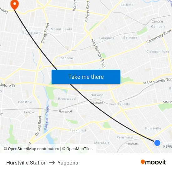 Hurstville Station to Yagoona map