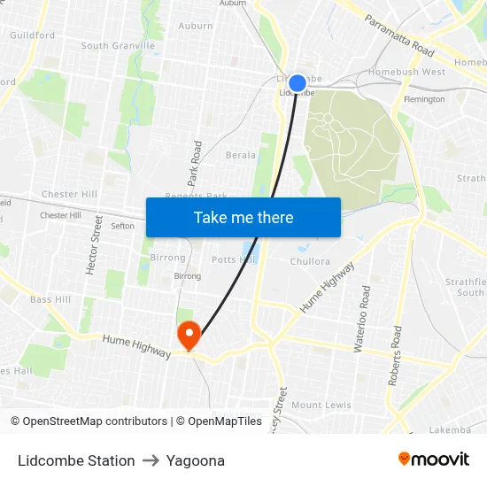 Lidcombe Station to Yagoona map
