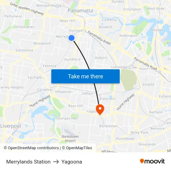 Merrylands Station to Yagoona map