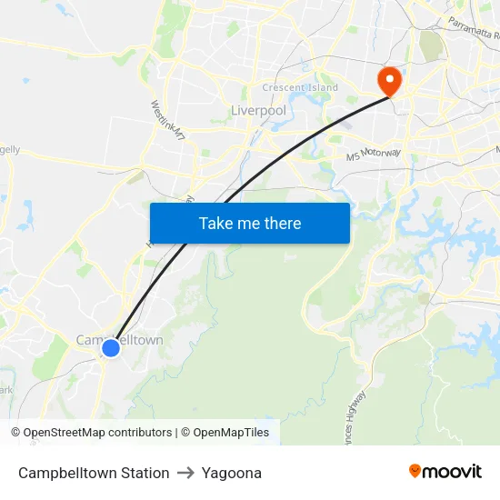 Campbelltown Station to Yagoona map