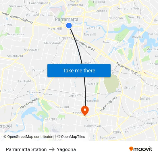 Parramatta Station to Yagoona map