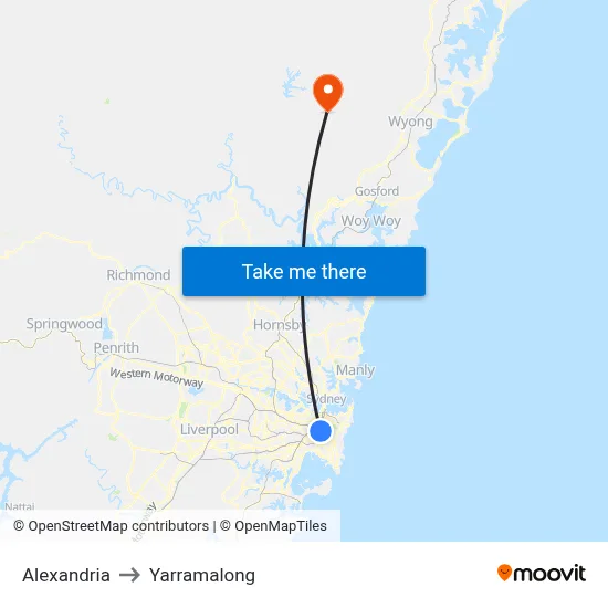 Alexandria to Yarramalong map