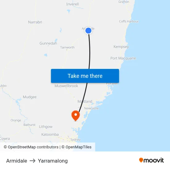 Armidale to Yarramalong map