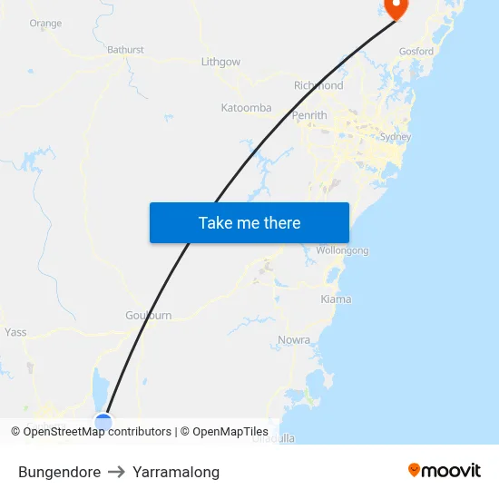 Bungendore to Yarramalong map