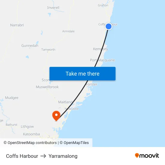 Coffs Harbour to Yarramalong map