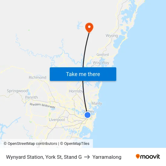 Wynyard Station, York St, Stand G to Yarramalong map