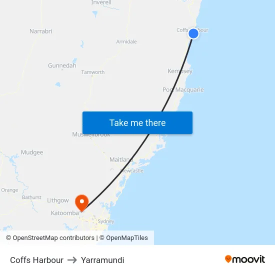 Coffs Harbour to Yarramundi map