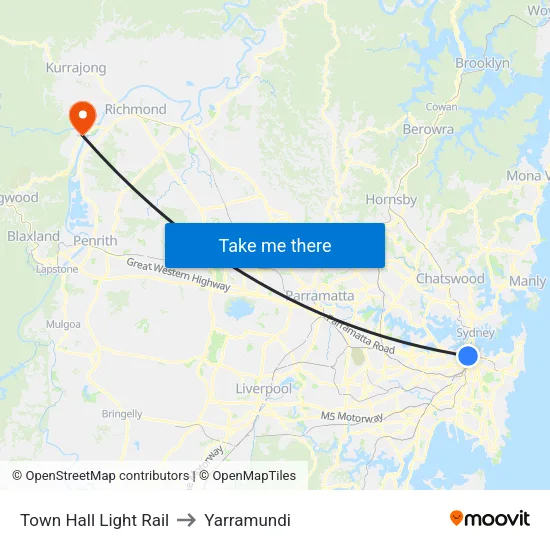 Town Hall Light Rail to Yarramundi map