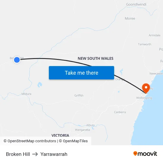 Broken Hill to Yarrawarrah map