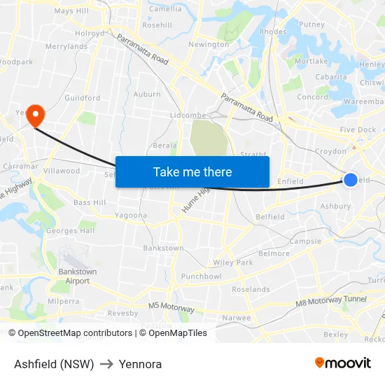Ashfield (NSW) to Yennora map