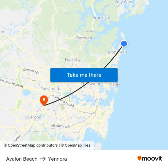 Avalon Beach to Yennora map