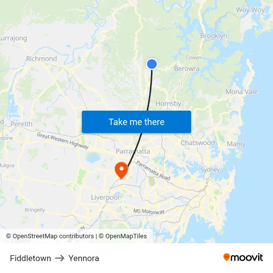 Fiddletown to Yennora map