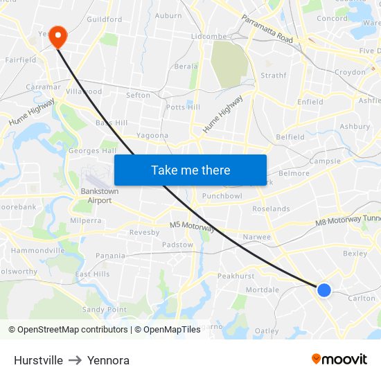 Hurstville to Yennora map