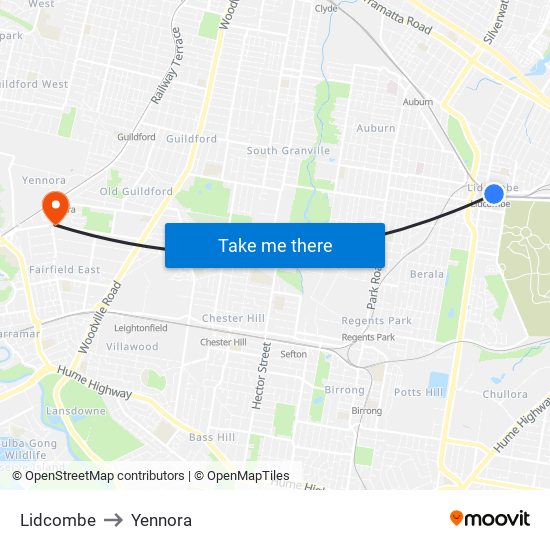 Lidcombe to Yennora map