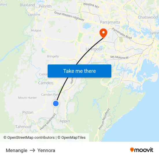 Menangle to Yennora map