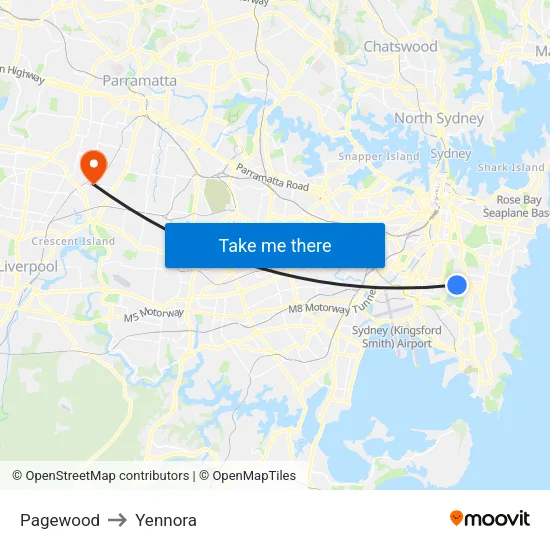 Pagewood to Yennora map