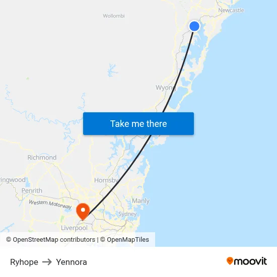 Ryhope to Yennora map