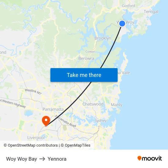 Woy Woy Bay to Yennora map