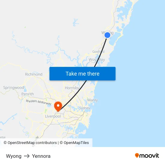 Wyong to Yennora map