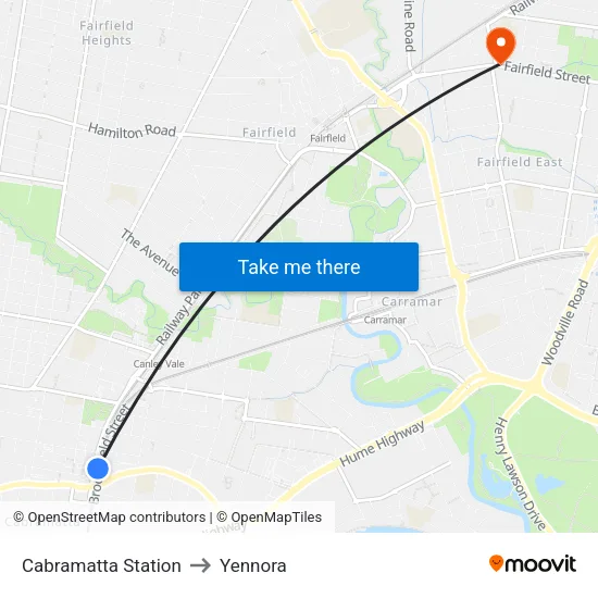 Cabramatta Station to Yennora map