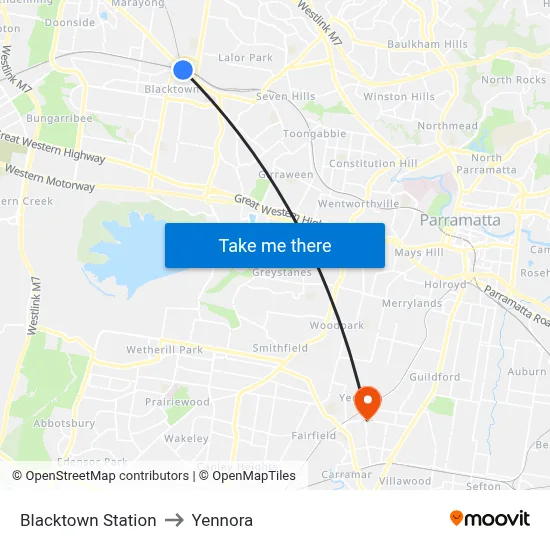 Blacktown Station to Yennora map