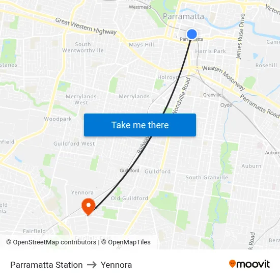 Parramatta Station to Yennora map