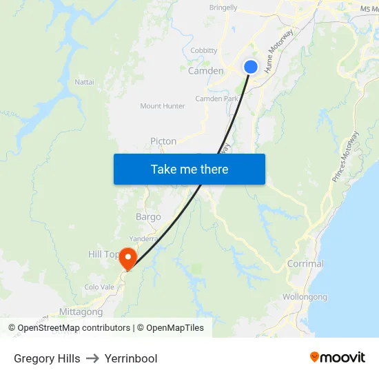 Gregory Hills to Yerrinbool map
