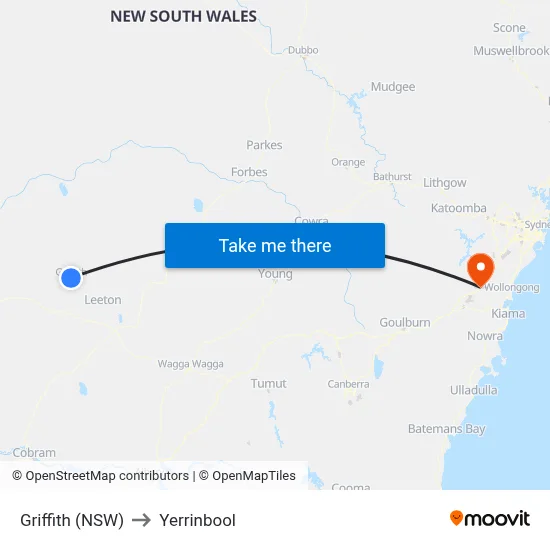 Griffith (NSW) to Yerrinbool map